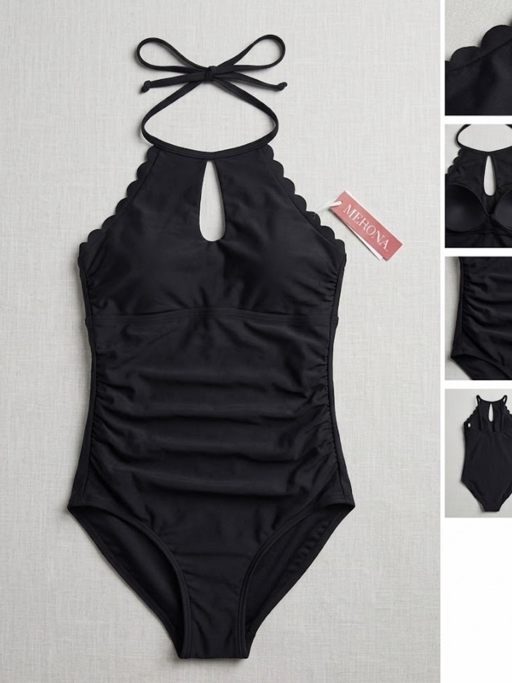 NWT Merona Black Scalloped High Neck One Piece Swimsuit Women's Size Small